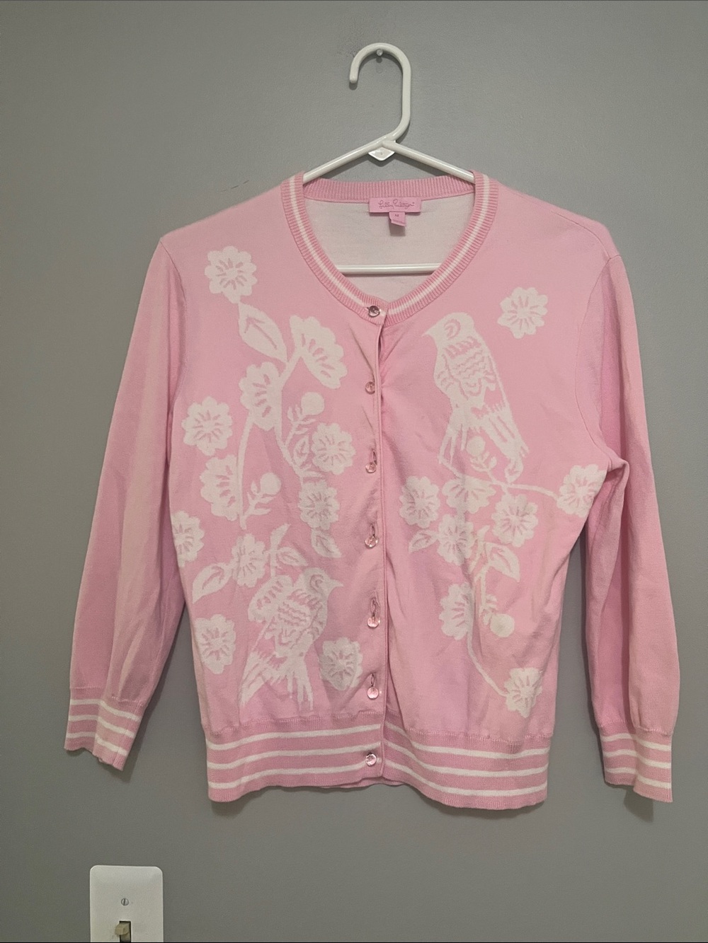 Lilly PulitzerPink Floral Bird Crewneck Cardigan Sweater - Picture 1 of 7